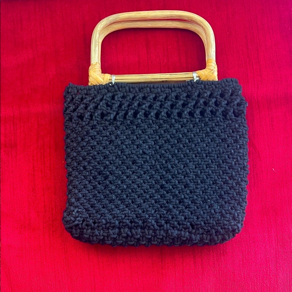 Black Knit Handbag with Wooden Handles